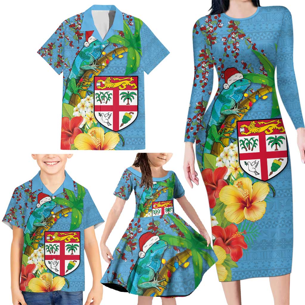 Fijians Iguana Tagimoucia Christmas Family Matching Long Sleeve Bodycon Dress and Hawaiian Shirt Christmas Palm Tree and Hibiscus