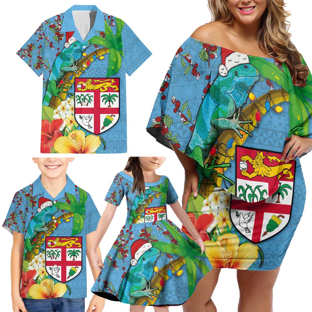 Fijians Iguana Tagimoucia Christmas Family Matching Off Shoulder Short Dress and Hawaiian Shirt Christmas Palm Tree and Hibiscus