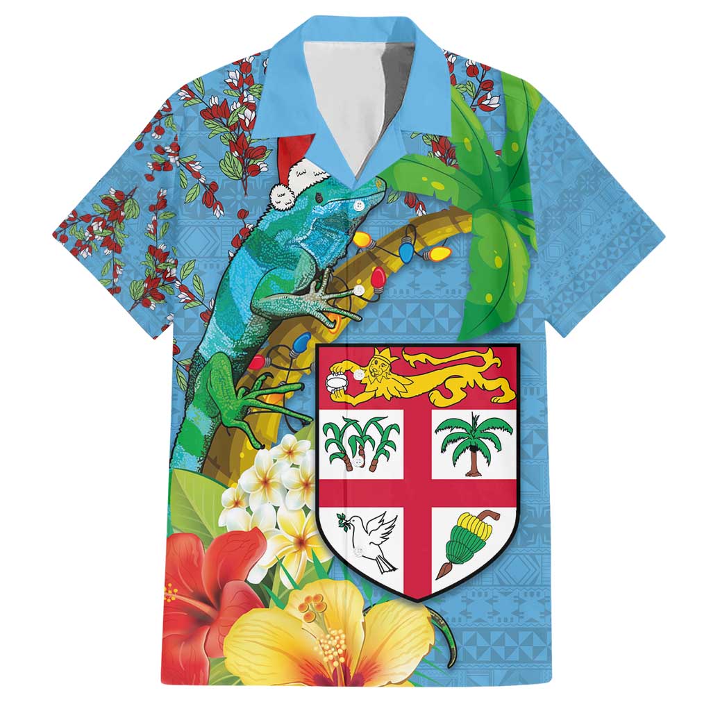 Fijians Iguana Tagimoucia Christmas Family Matching Short Sleeve Bodycon Dress and Hawaiian Shirt Christmas Palm Tree and Hibiscus