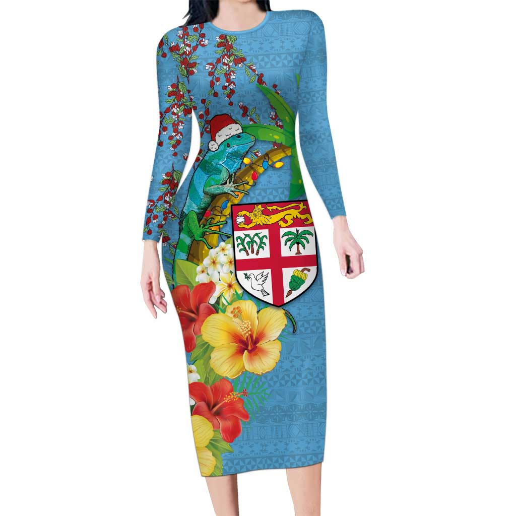 Fijians Iguana Tagimoucia Christmas Long Sleeve Bodycon Dress Christmas Palm Tree and Hibiscus