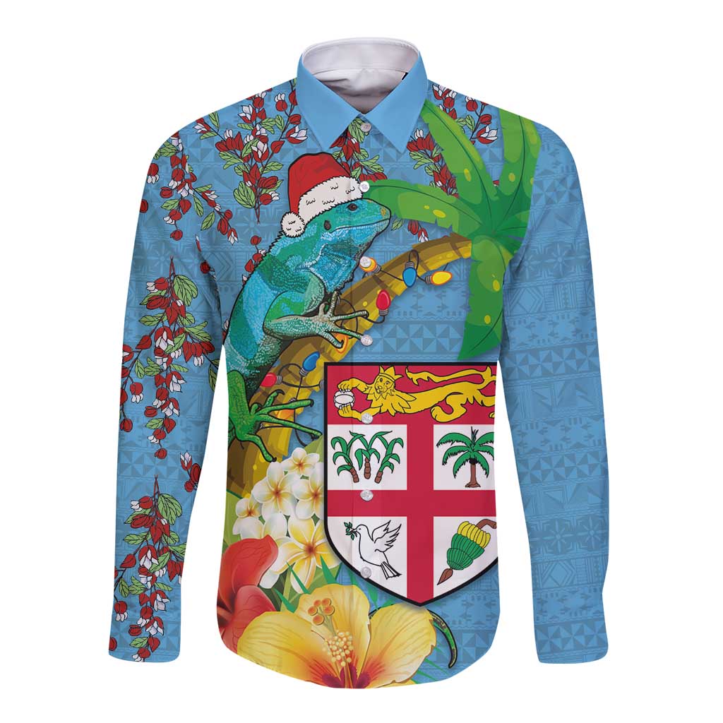 Fijians Iguana Tagimoucia Christmas Long Sleeve Button Shirt Christmas Palm Tree and Hibiscus