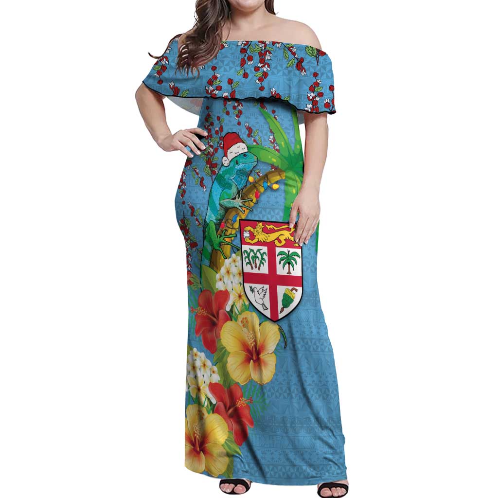 Fijians Iguana Tagimoucia Christmas Off Shoulder Maxi Dress Christmas Palm Tree and Hibiscus