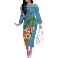 Fijians Iguana Tagimoucia Christmas Off The Shoulder Long Sleeve Dress Christmas Palm Tree and Hibiscus