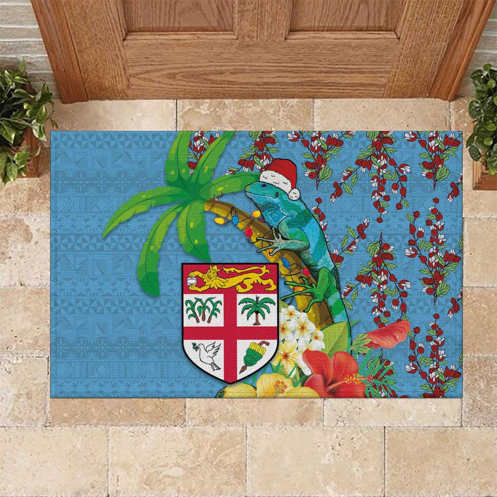 Fijians Iguana Tagimoucia Christmas Rubber Doormat Christmas Palm Tree and Hibiscus