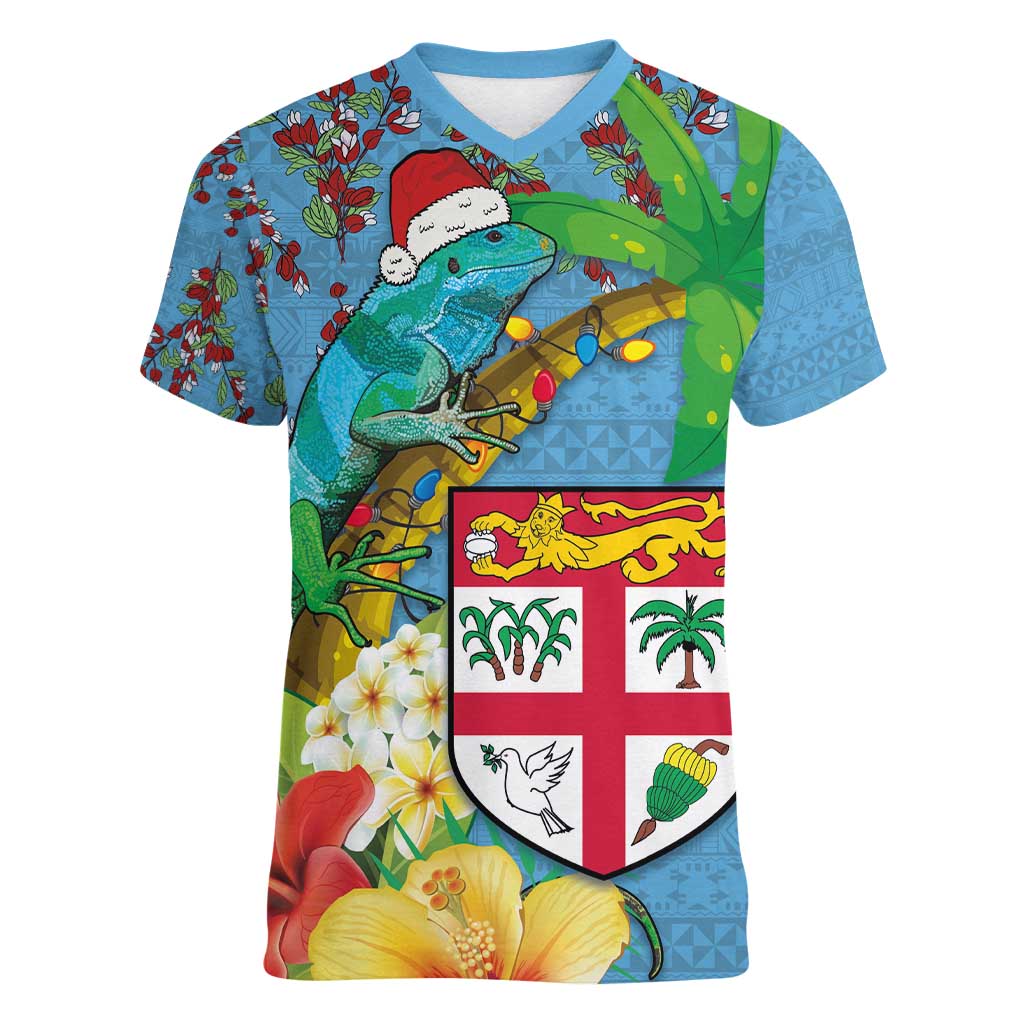 Fijians Iguana Tagimoucia Christmas Women V-Neck T-Shirt Christmas Palm Tree and Hibiscus