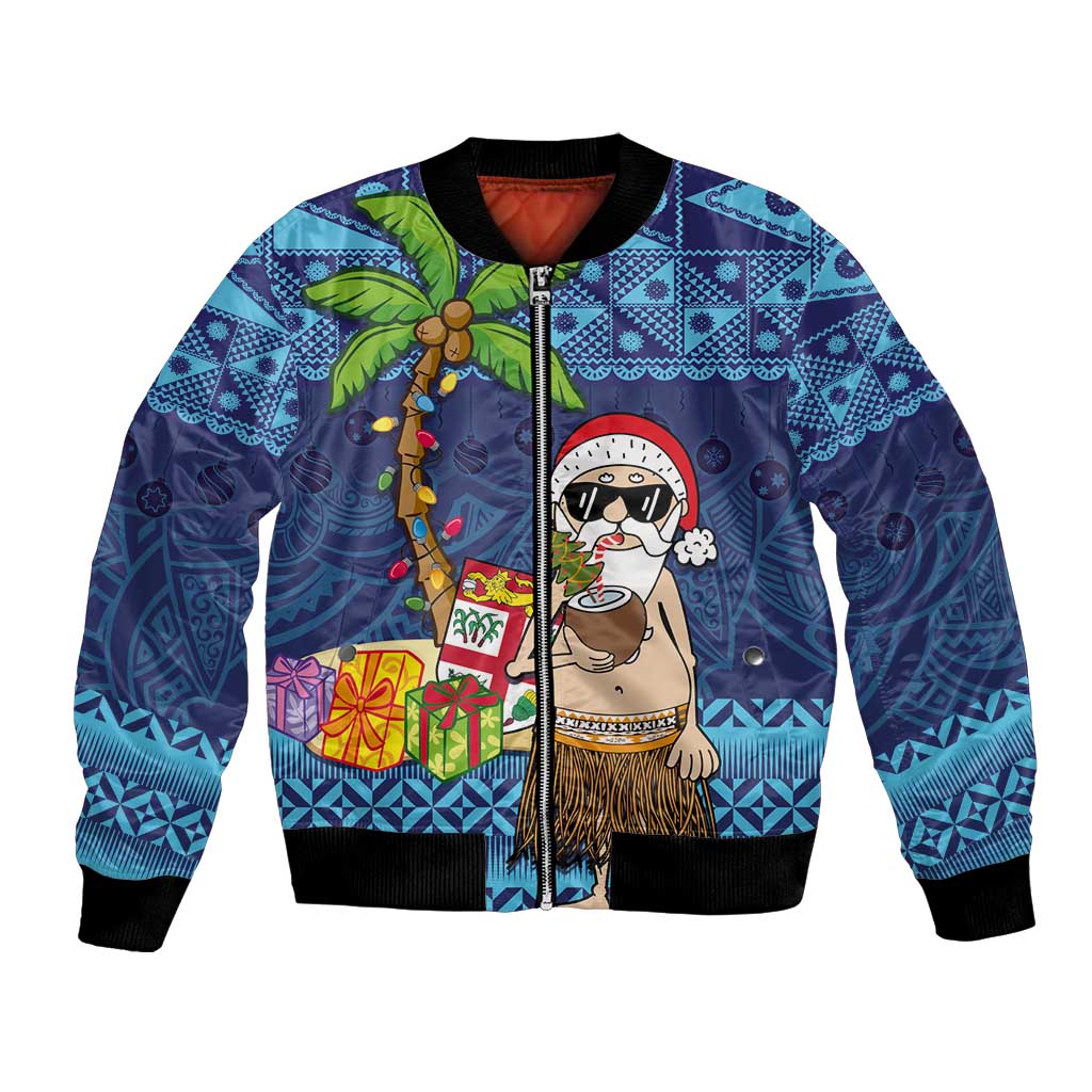 The Funny Santa Wears Sulu Christmas Bomber Jacket Fijian Christmas Palm Tree With Masi Art Tattoo