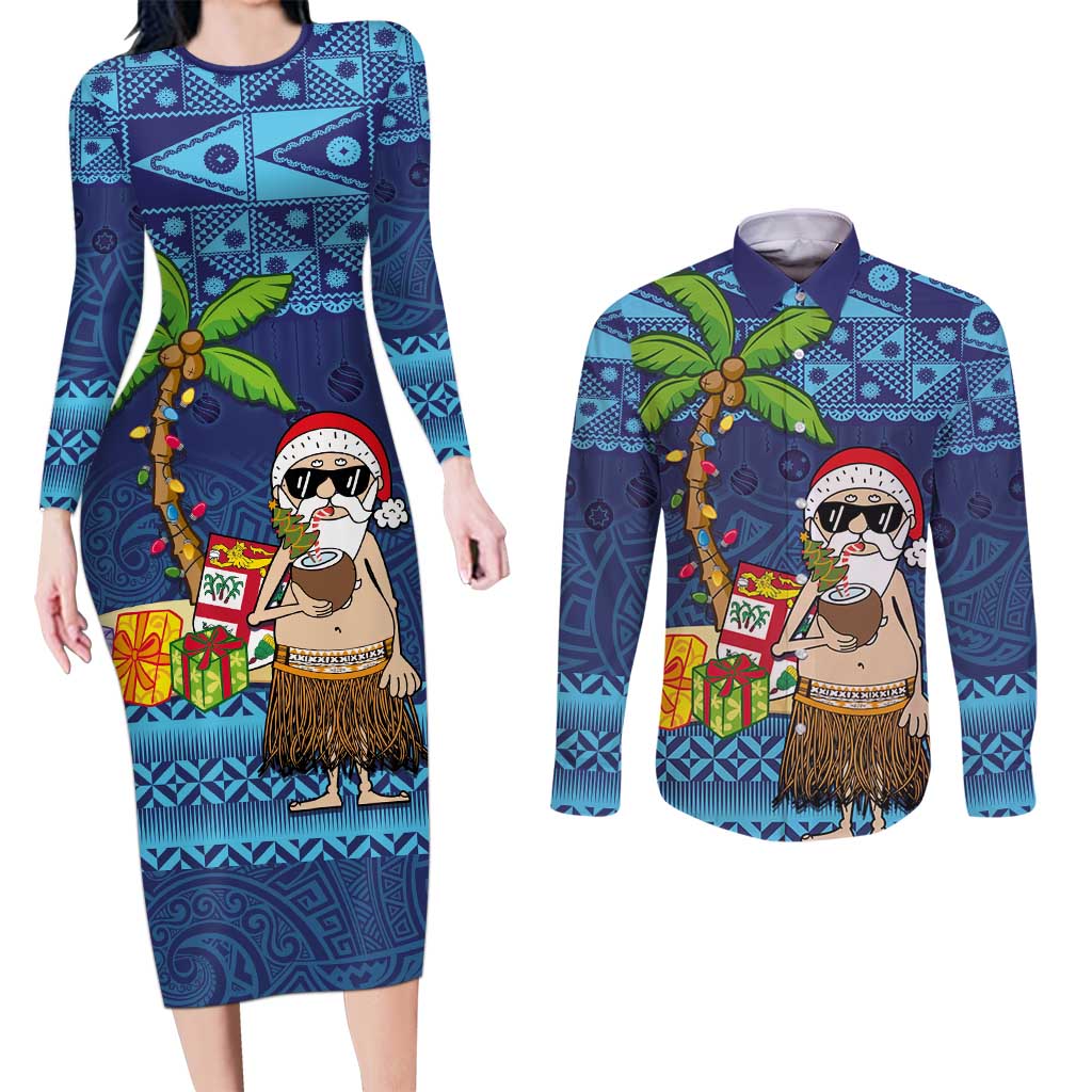 The Funny Santa Wears Sulu Christmas Couples Matching Long Sleeve Bodycon Dress and Long Sleeve Button Shirt Fijian Christmas Palm Tree With Masi Art Tattoo