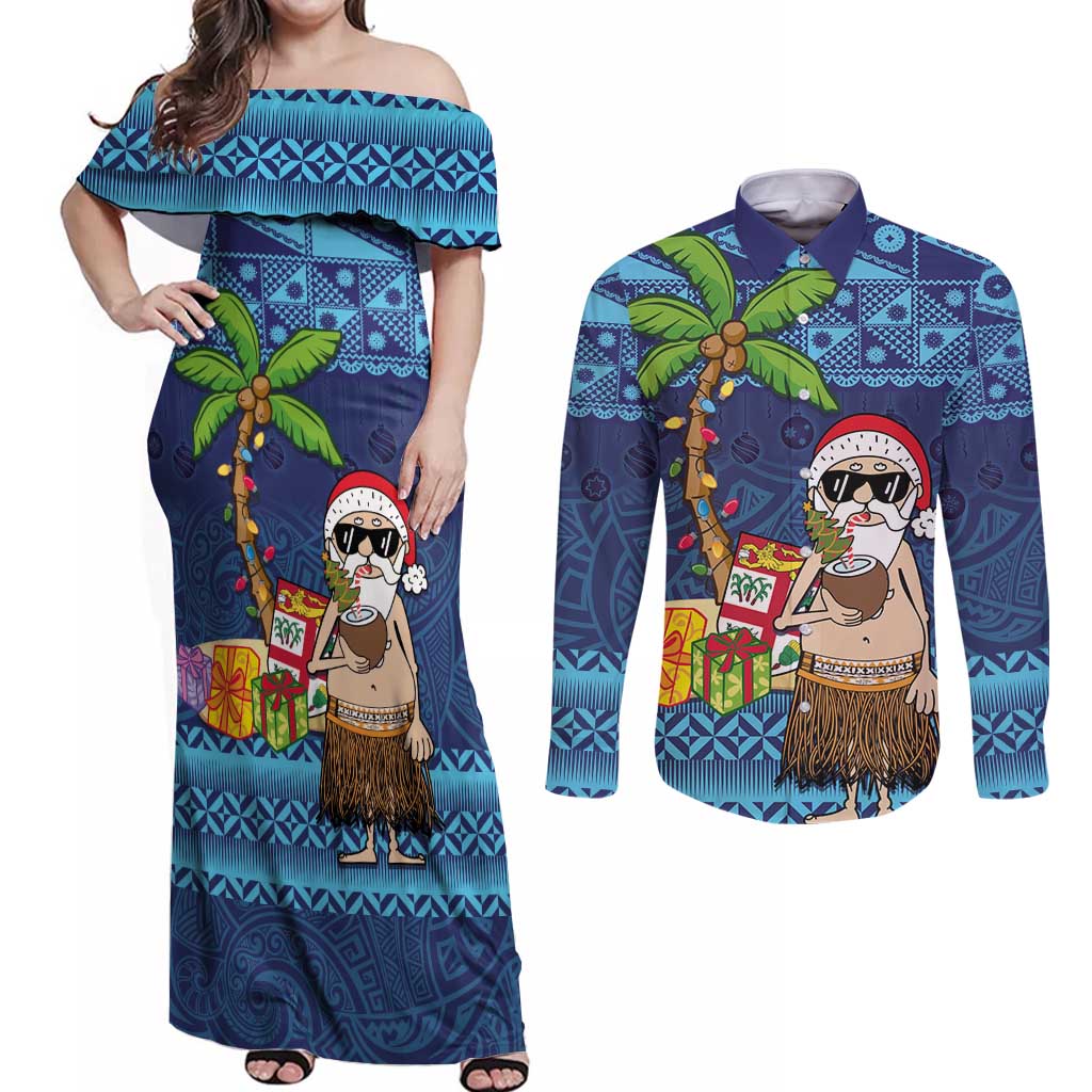 The Funny Santa Wears Sulu Christmas Couples Matching Off Shoulder Maxi Dress and Long Sleeve Button Shirt Fijian Christmas Palm Tree With Masi Art Tattoo