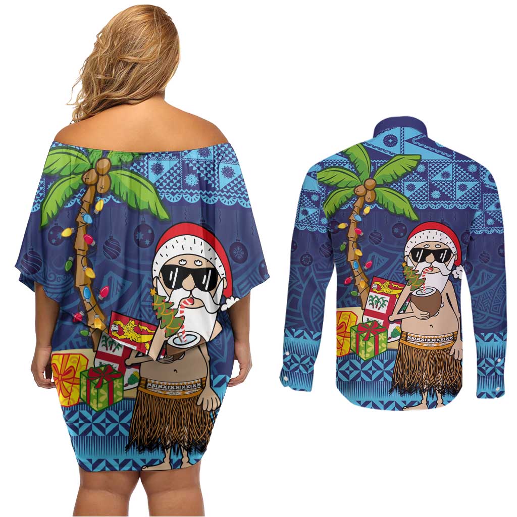The Funny Santa Wears Sulu Christmas Couples Matching Off Shoulder Short Dress and Long Sleeve Button Shirt Fijian Christmas Palm Tree With Masi Art Tattoo