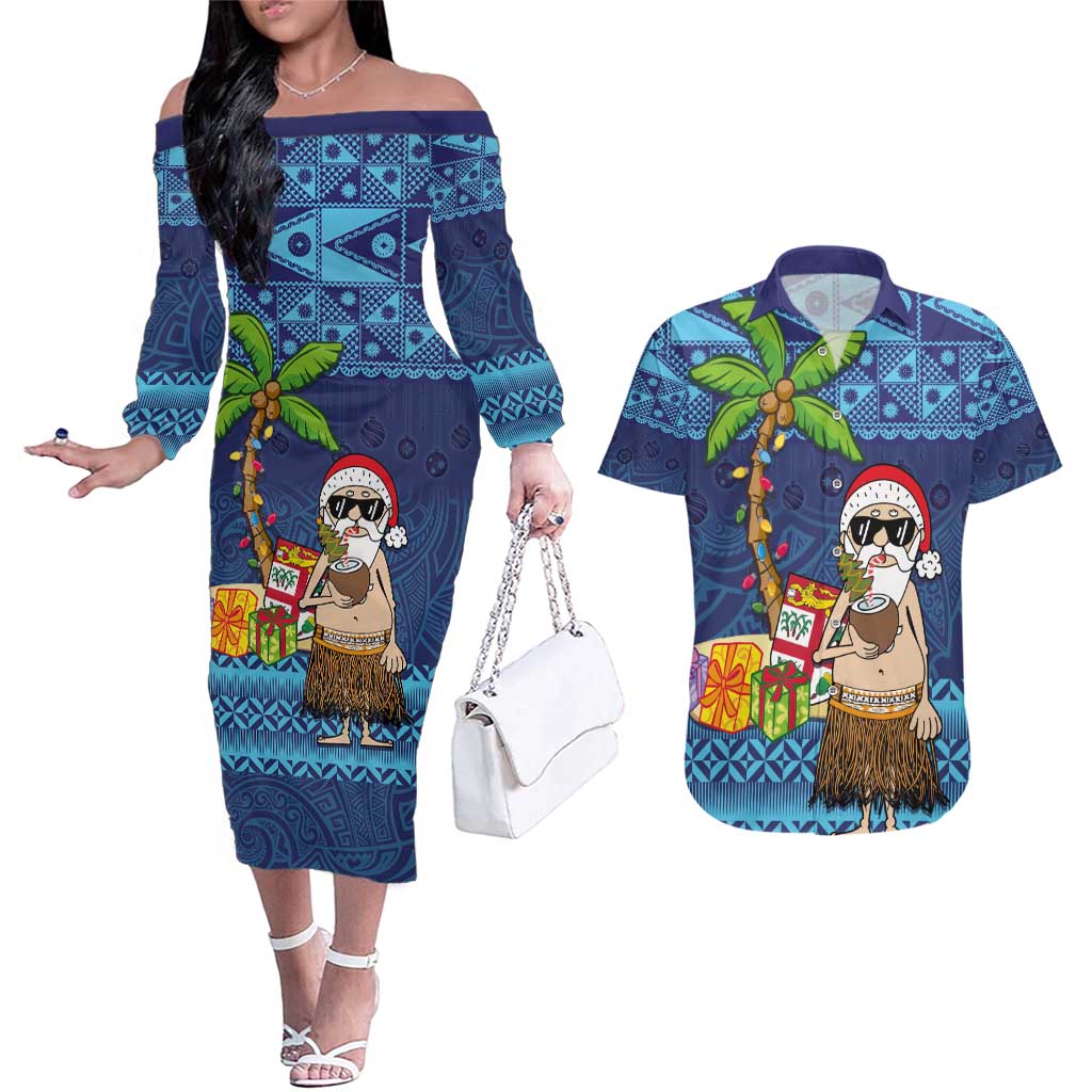 The Funny Santa Wears Sulu Christmas Couples Matching Off The Shoulder Long Sleeve Dress and Hawaiian Shirt Fijian Christmas Palm Tree With Masi Art Tattoo