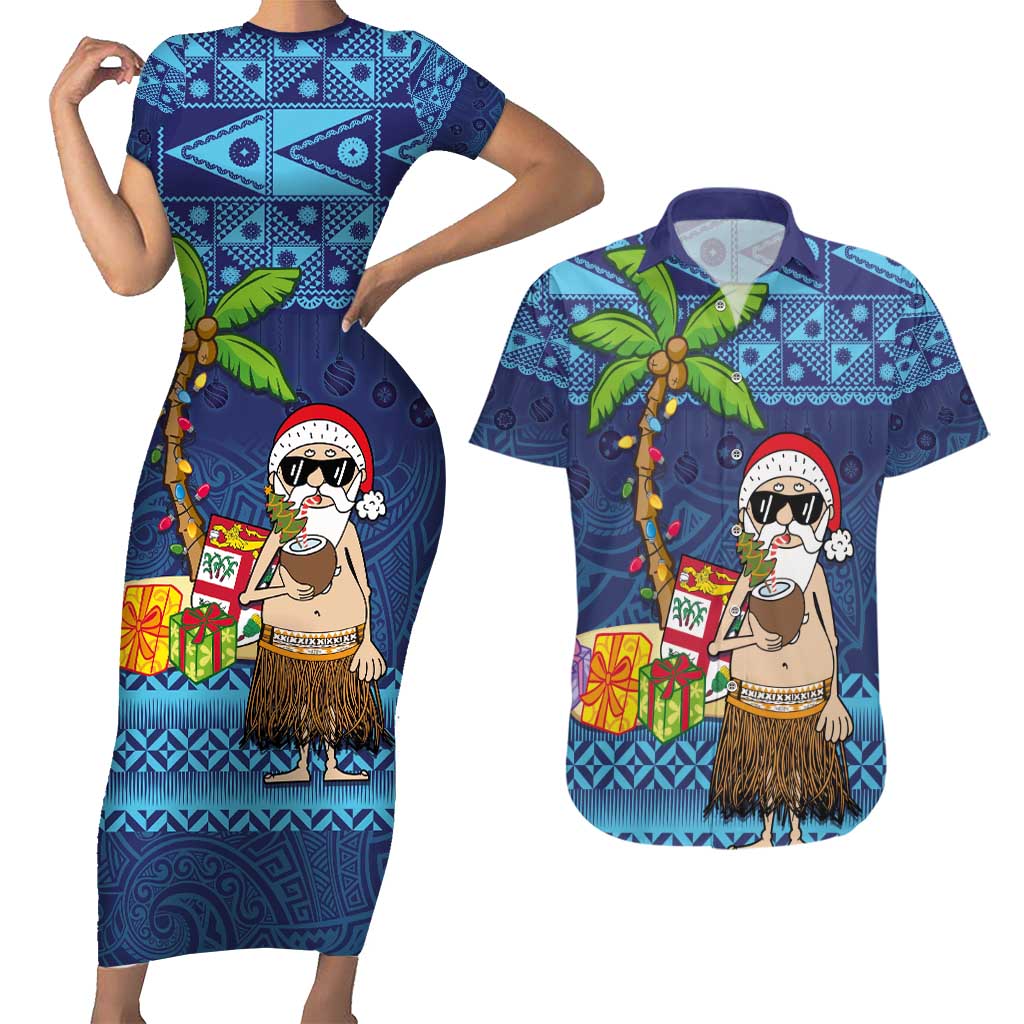 The Funny Santa Wears Sulu Christmas Couples Matching Short Sleeve Bodycon Dress and Hawaiian Shirt Fijian Christmas Palm Tree With Masi Art Tattoo