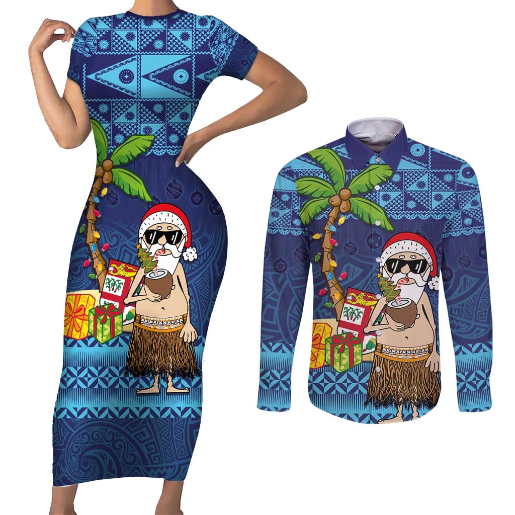 The Funny Santa Wears Sulu Christmas Couples Matching Short Sleeve Bodycon Dress and Long Sleeve Button Shirt Fijian Christmas Palm Tree With Masi Art Tattoo