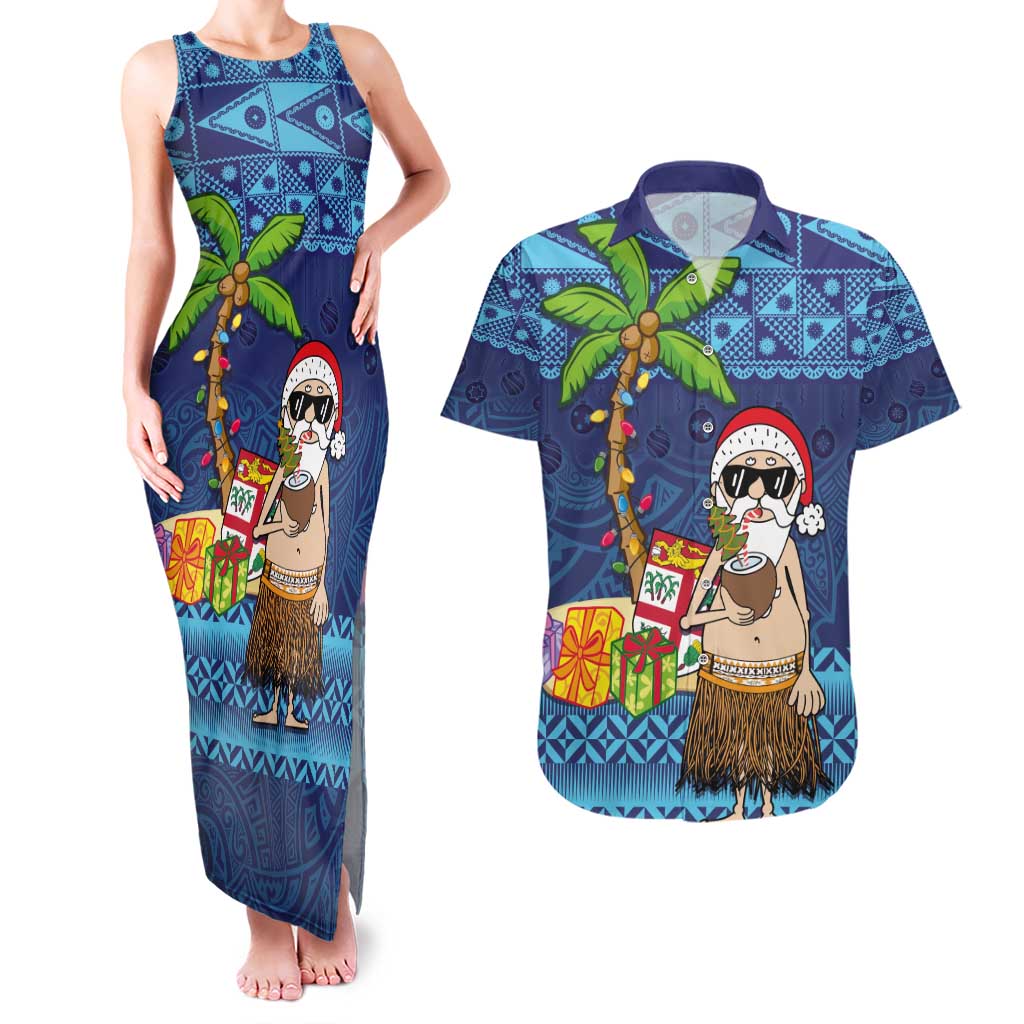 The Funny Santa Wears Sulu Christmas Couples Matching Tank Maxi Dress and Hawaiian Shirt Fijian Christmas Palm Tree With Masi Art Tattoo