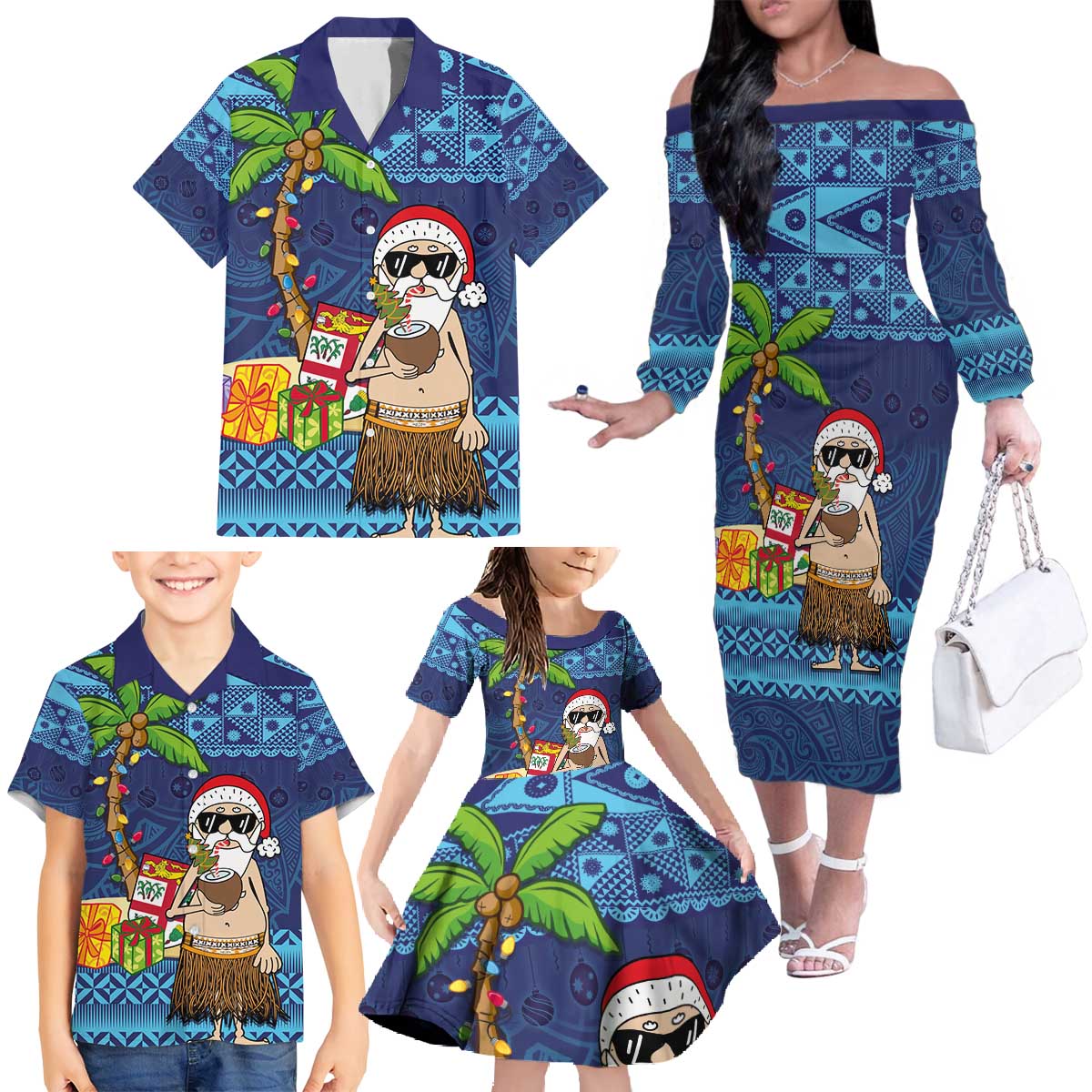 The Funny Santa Wears Sulu Christmas Family Matching Off The Shoulder Long Sleeve Dress and Hawaiian Shirt Fijian Christmas Palm Tree With Masi Art Tattoo