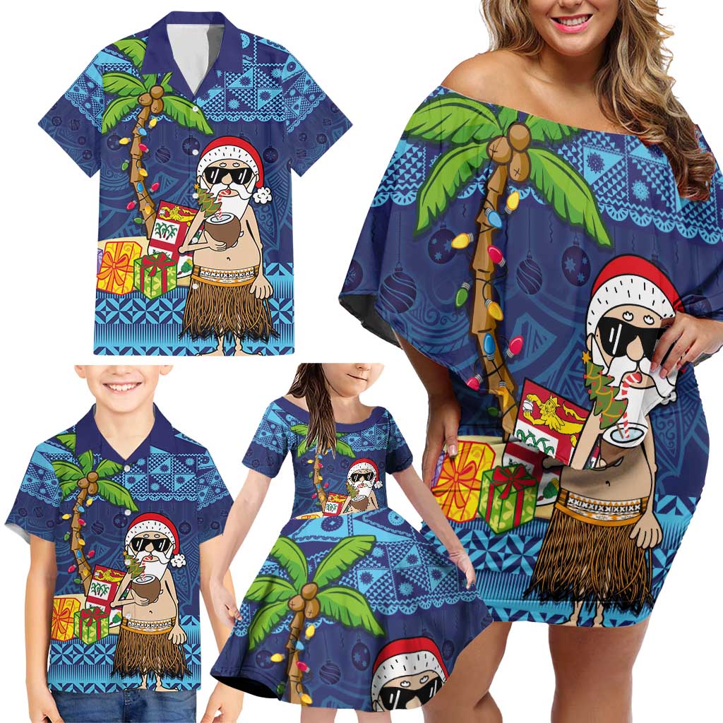 The Funny Santa Wears Sulu Christmas Family Matching Off Shoulder Short Dress and Hawaiian Shirt Fijian Christmas Palm Tree With Masi Art Tattoo