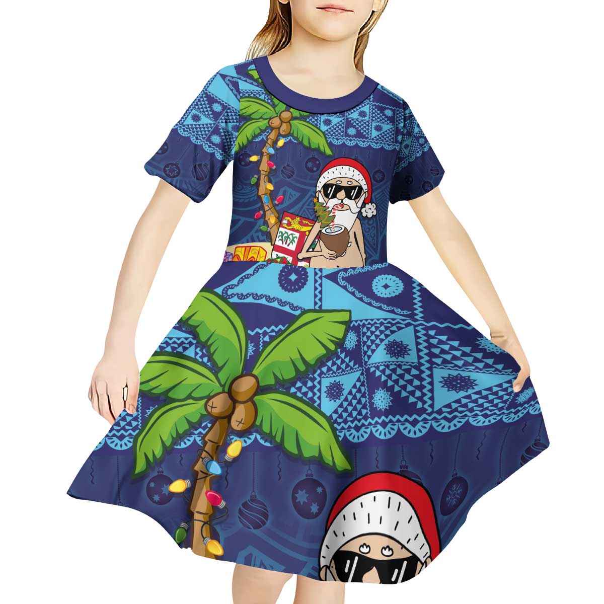 The Funny Santa Wears Sulu Christmas Kid Short Sleeve Dress Fijian Christmas Palm Tree With Masi Art Tattoo