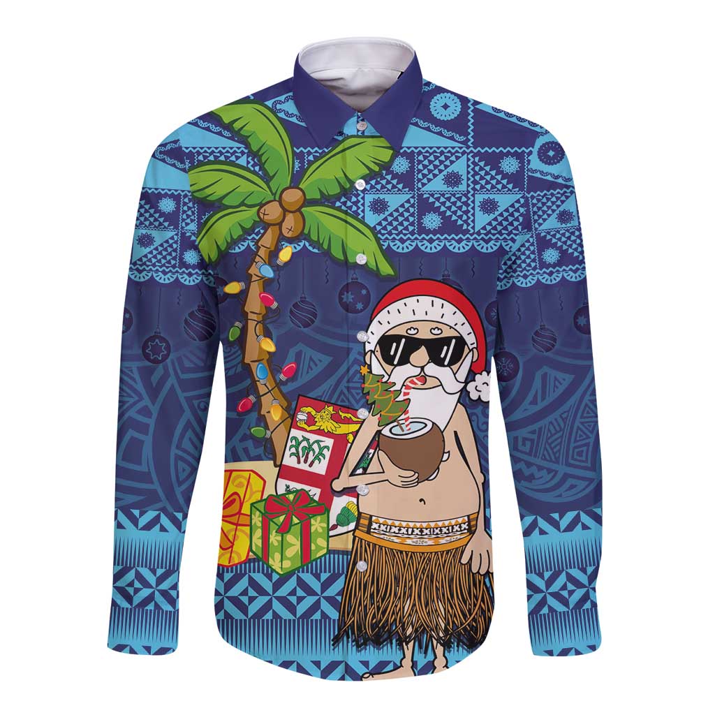 The Funny Santa Wears Sulu Christmas Long Sleeve Button Shirt Fijian Christmas Palm Tree With Masi Art Tattoo