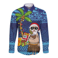 The Funny Santa Wears Sulu Christmas Long Sleeve Button Shirt Fijian Christmas Palm Tree With Masi Art Tattoo