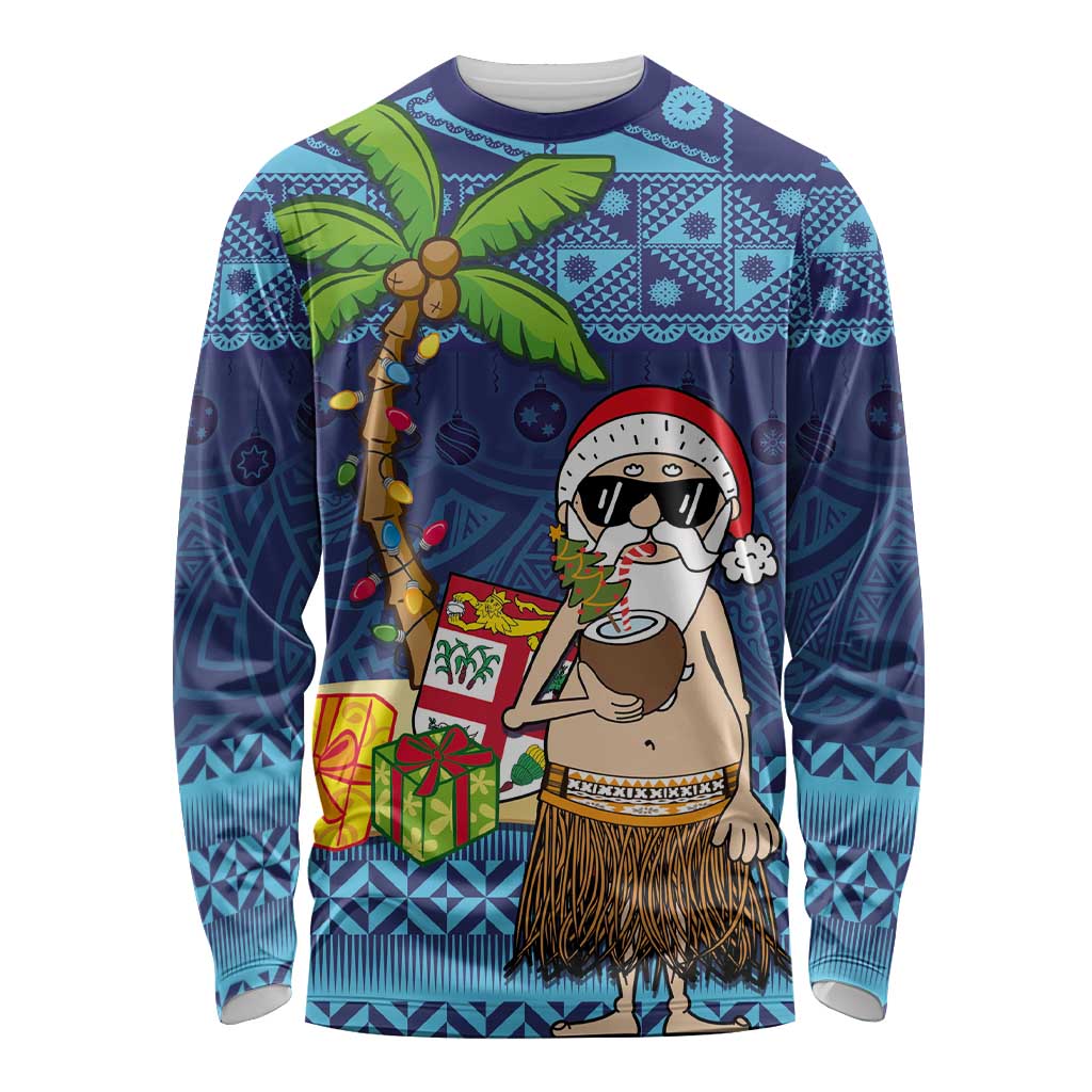 The Funny Santa Wears Sulu Christmas Long Sleeve Shirt Fijian Christmas Palm Tree With Masi Art Tattoo