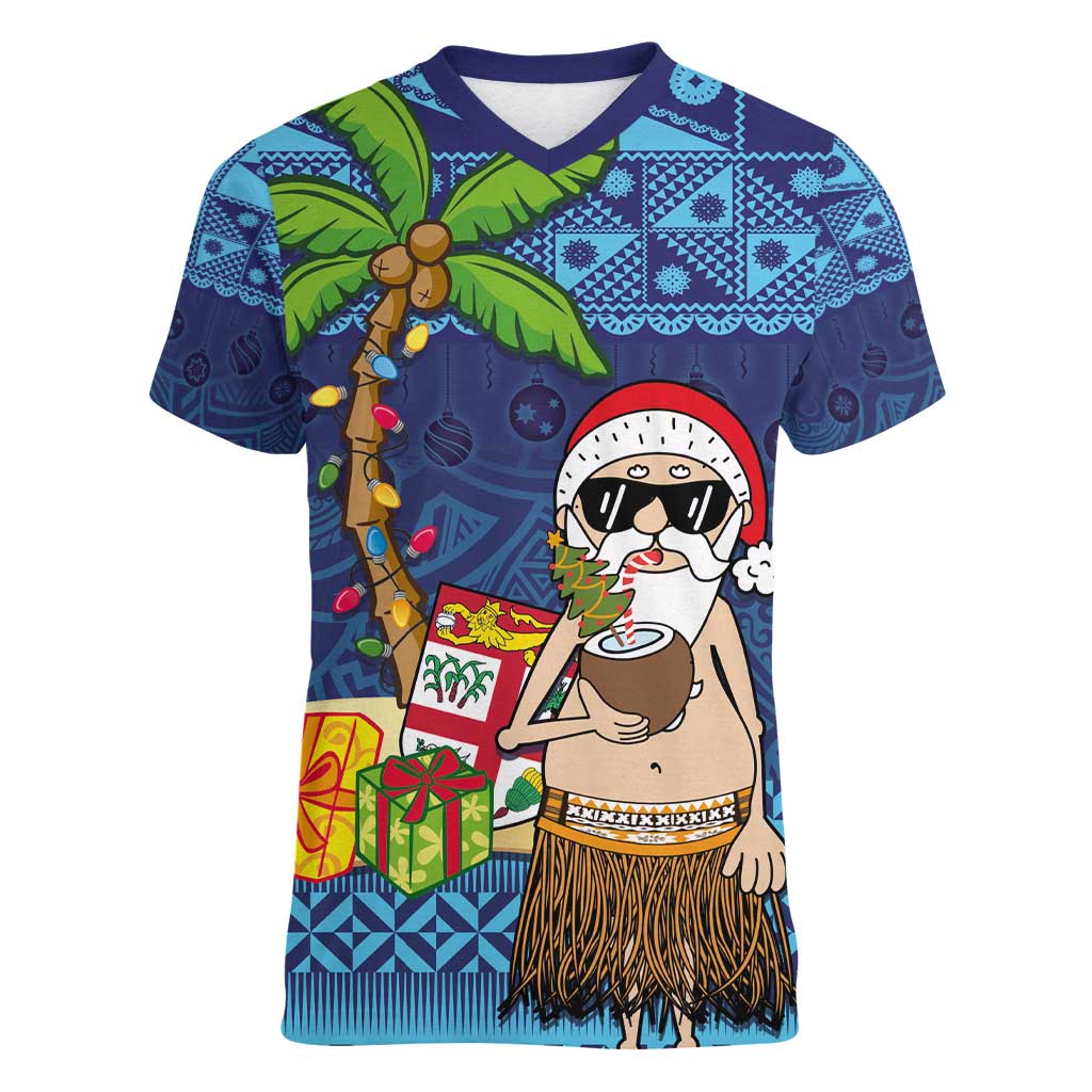 The Funny Santa Wears Sulu Christmas Women V-Neck T-Shirt Fijian Christmas Palm Tree With Masi Art Tattoo