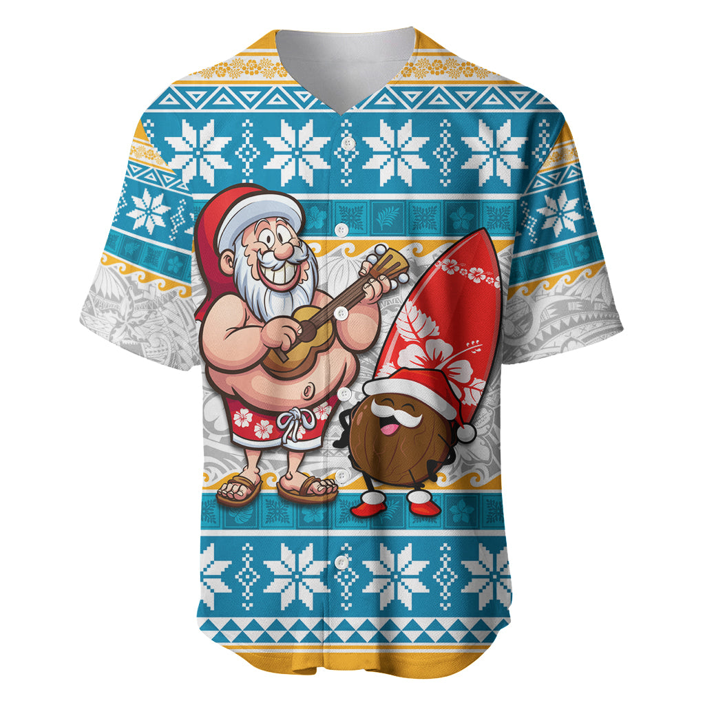 Hawaii Mele Kalikimaka Baseball Jersey Funny Santa and Coconut Mix Kakau Pattern LT03 Blue - Polynesian Pride