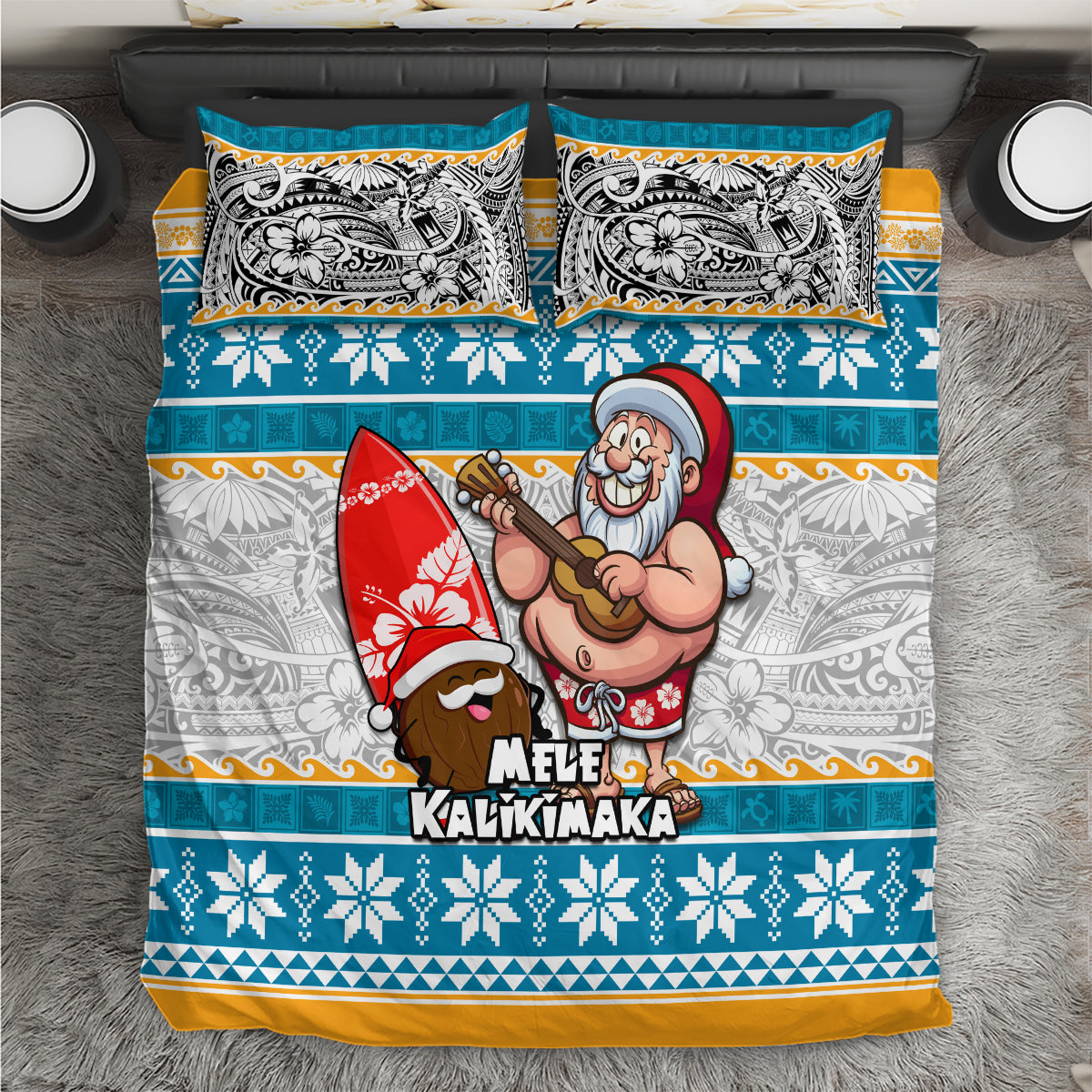 Hawaii Mele Kalikimaka Bedding Set Funny Santa and Coconut Mix Kakau Pattern LT03 Blue - Polynesian Pride