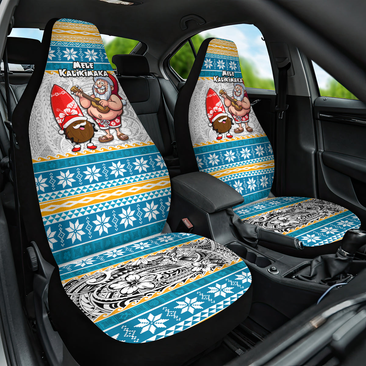 Hawaii Mele Kalikimaka Car Seat Cover Funny Santa and Coconut Mix Kakau Pattern LT03 One Size Blue - Polynesian Pride