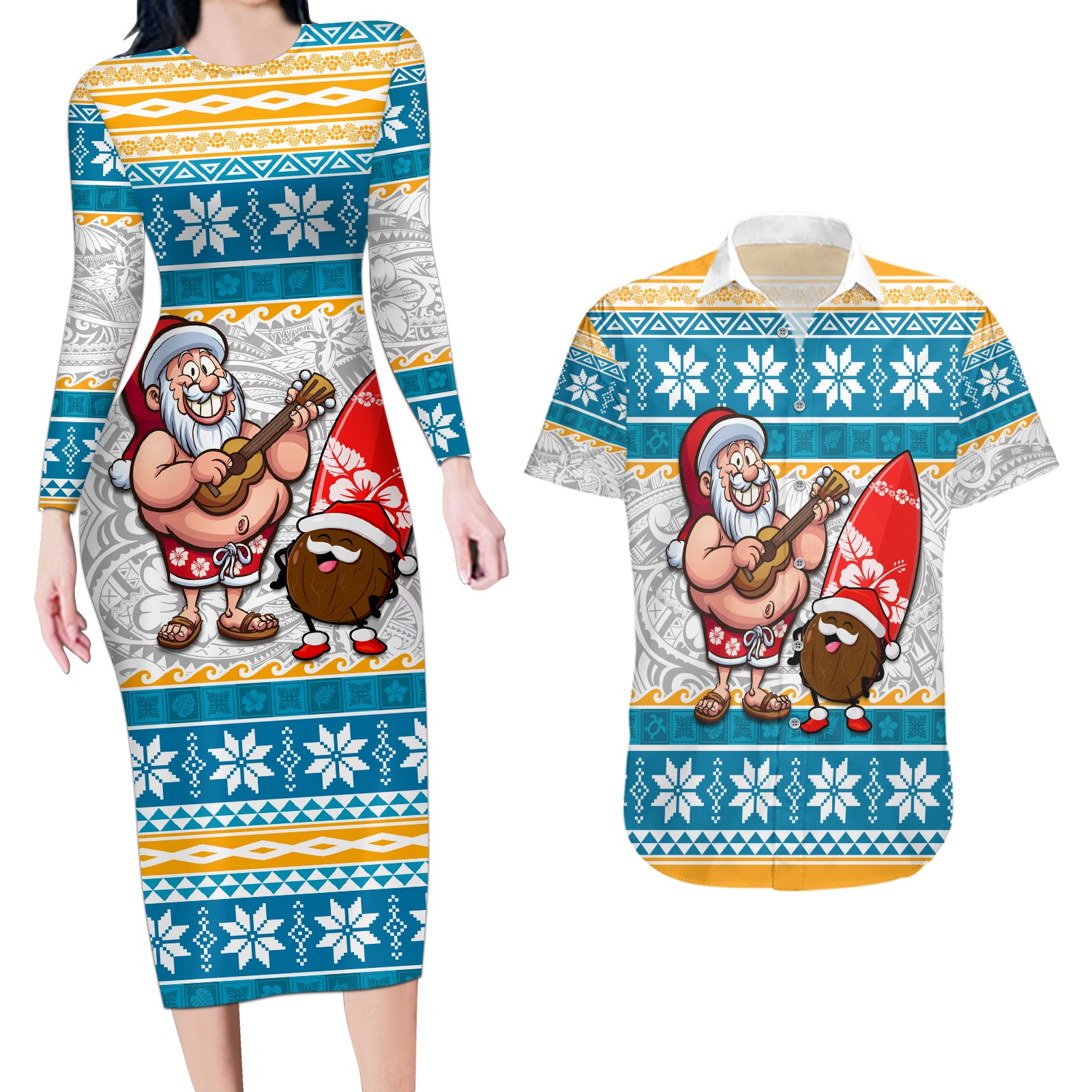 Hawaii Mele Kalikimaka Couples Matching Long Sleeve Bodycon Dress and Hawaiian Shirt Funny Santa and Coconut Mix Kakau Pattern LT03 Blue - Polynesian Pride