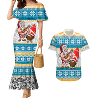 Hawaii Mele Kalikimaka Couples Matching Mermaid Dress and Hawaiian Shirt Funny Santa and Coconut Mix Kakau Pattern LT03 Blue - Polynesian Pride