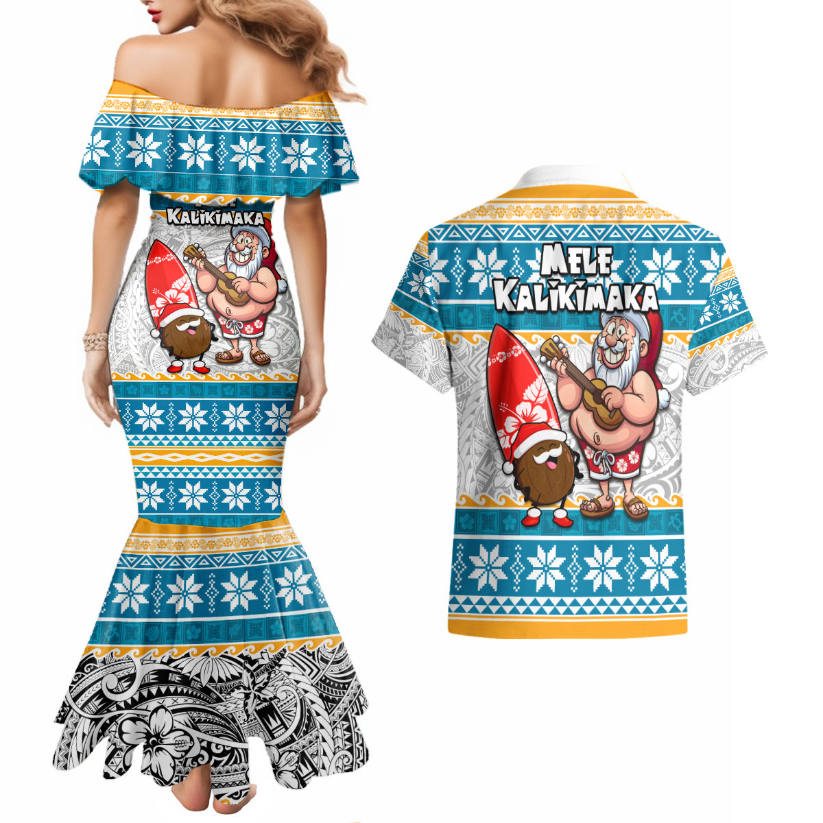 Hawaii Mele Kalikimaka Couples Matching Mermaid Dress and Hawaiian Shirt Funny Santa and Coconut Mix Kakau Pattern LT03 - Polynesian Pride