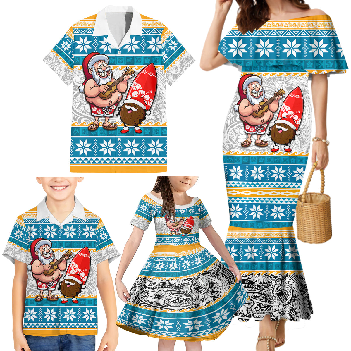 Hawaii Mele Kalikimaka Family Matching Mermaid Dress and Hawaiian Shirt Funny Santa and Coconut Mix Kakau Pattern LT03 - Polynesian Pride