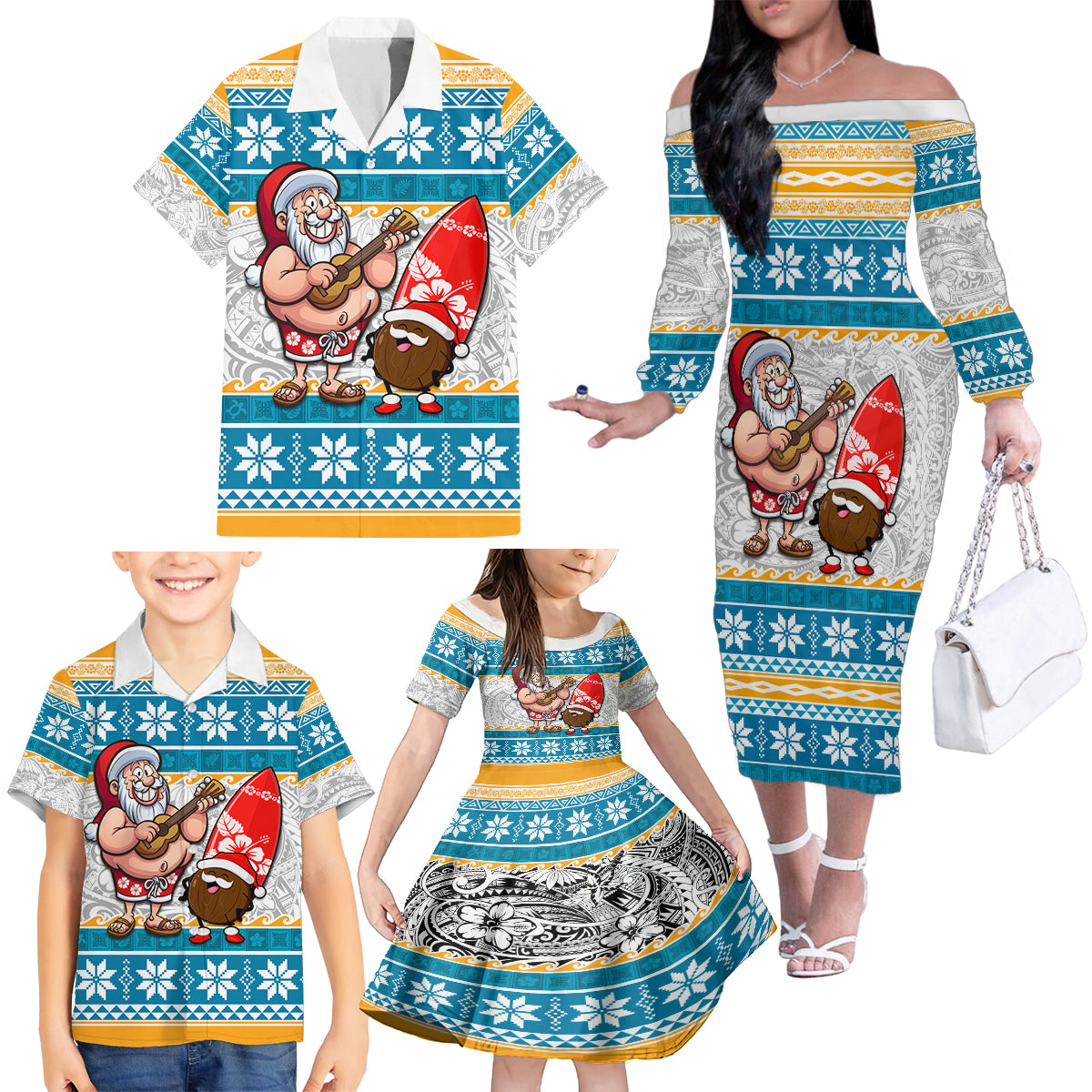 Hawaii Mele Kalikimaka Family Matching Off Shoulder Long Sleeve Dress and Hawaiian Shirt Funny Santa and Coconut Mix Kakau Pattern LT03 - Polynesian Pride