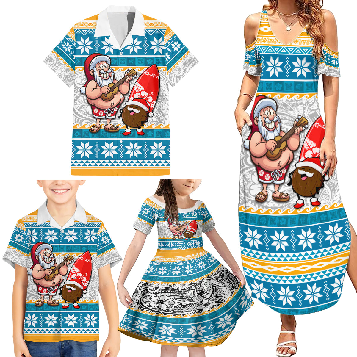 Hawaii Mele Kalikimaka Family Matching Summer Maxi Dress and Hawaiian Shirt Funny Santa and Coconut Mix Kakau Pattern LT03 - Polynesian Pride