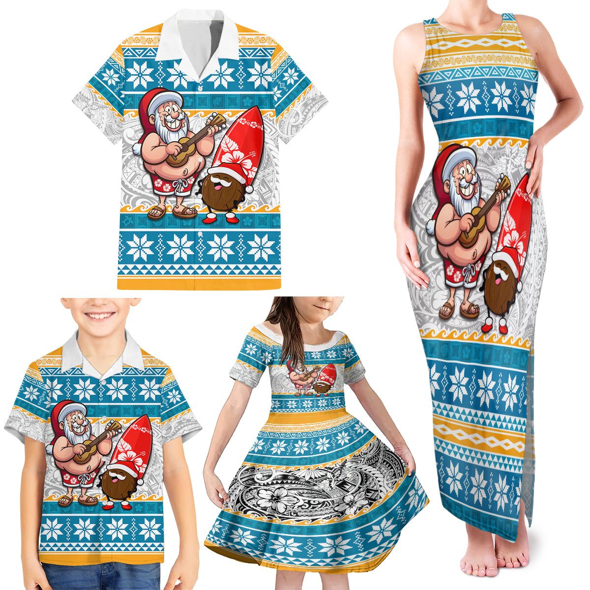 Hawaii Mele Kalikimaka Family Matching Tank Maxi Dress and Hawaiian Shirt Funny Santa and Coconut Mix Kakau Pattern LT03 - Polynesian Pride