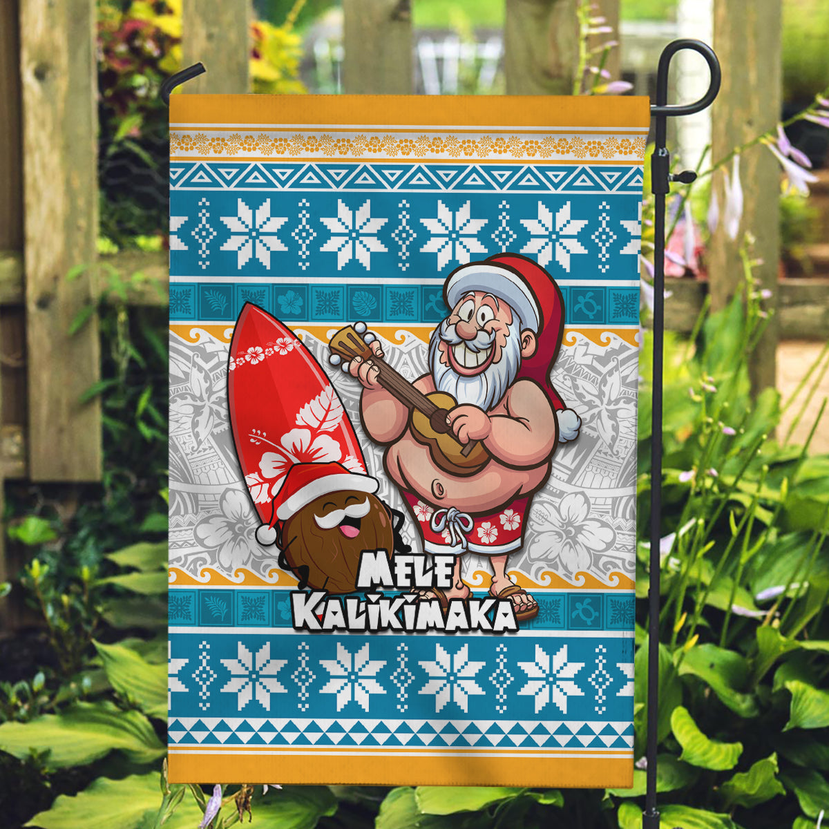 Hawaii Mele Kalikimaka Garden Flag Funny Santa and Coconut Mix Kakau Pattern LT03 Garden Flag Blue - Polynesian Pride