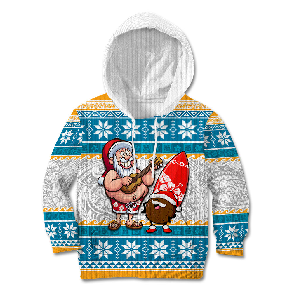 Hawaii Mele Kalikimaka Kid Hoodie Funny Santa and Coconut Mix Kakau Pattern LT03 Blue - Polynesian Pride