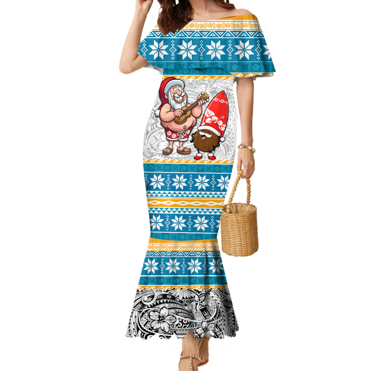 Hawaii Mele Kalikimaka Mermaid Dress Funny Santa and Coconut Mix Kakau Pattern LT03 Women Blue - Polynesian Pride