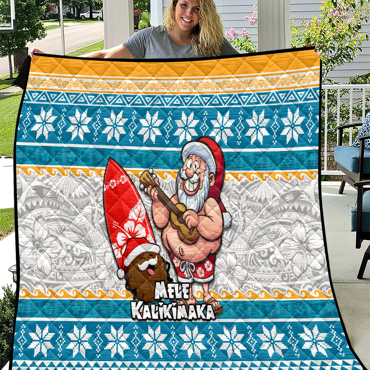 Hawaii Mele Kalikimaka Quilt Funny Santa and Coconut Mix Kakau Pattern LT03 Blue - Polynesian Pride