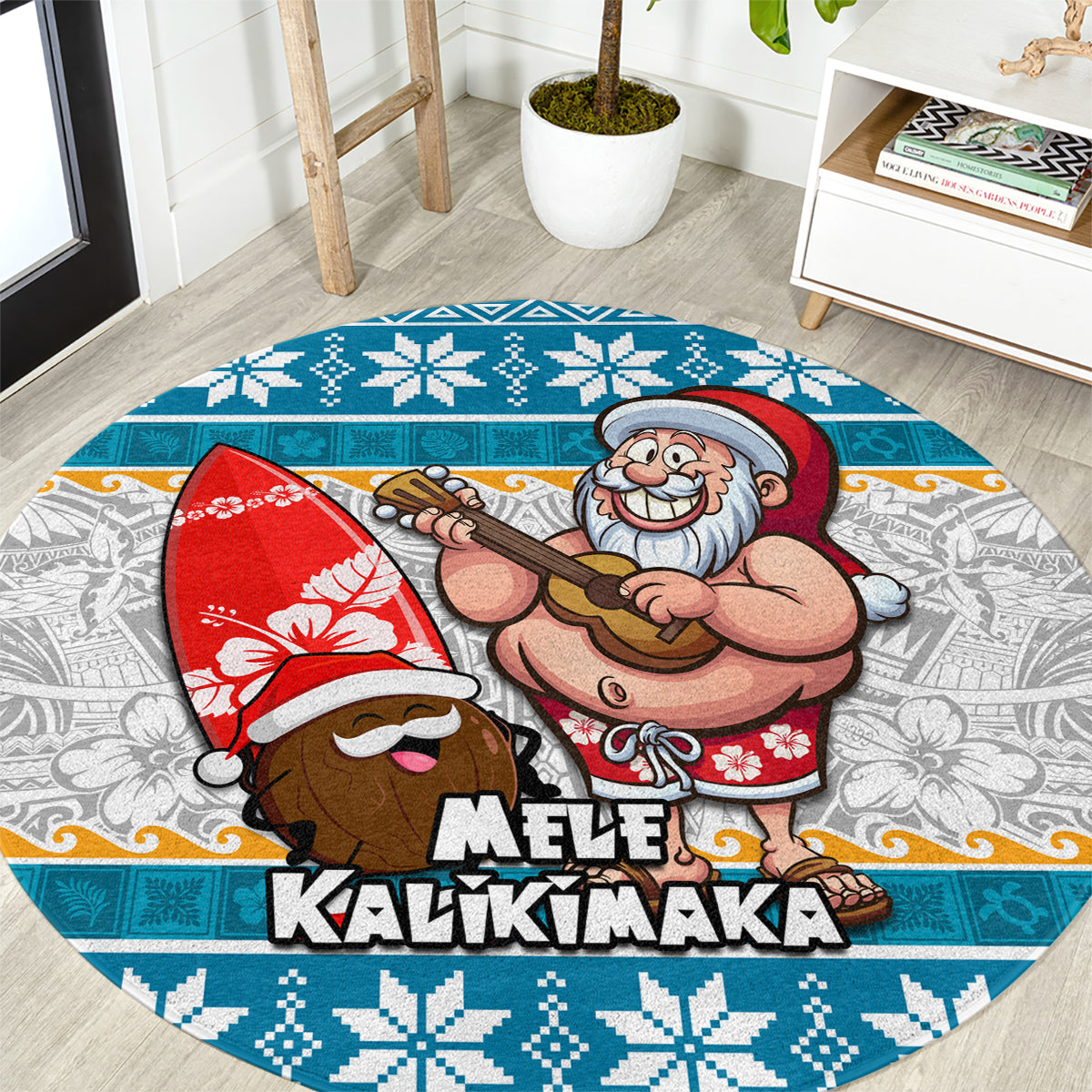 Hawaii Mele Kalikimaka Round Carpet Funny Santa and Coconut Mix Kakau Pattern LT03 Blue - Polynesian Pride