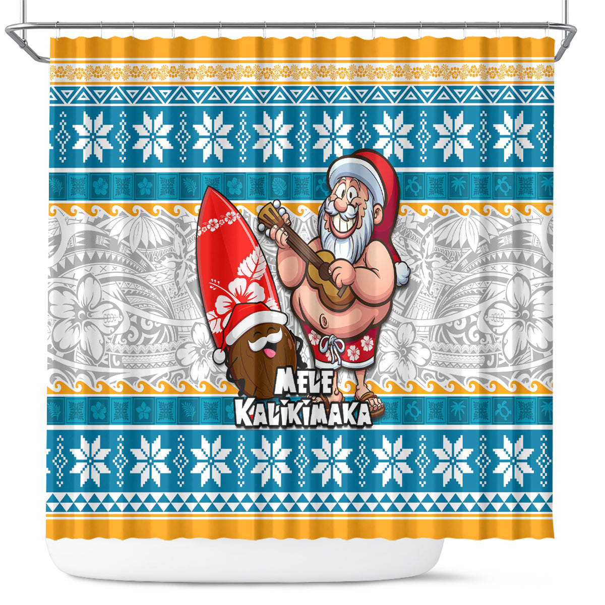 Hawaii Mele Kalikimaka Shower Curtain Funny Santa and Coconut Mix Kakau Pattern LT03 Blue - Polynesian Pride