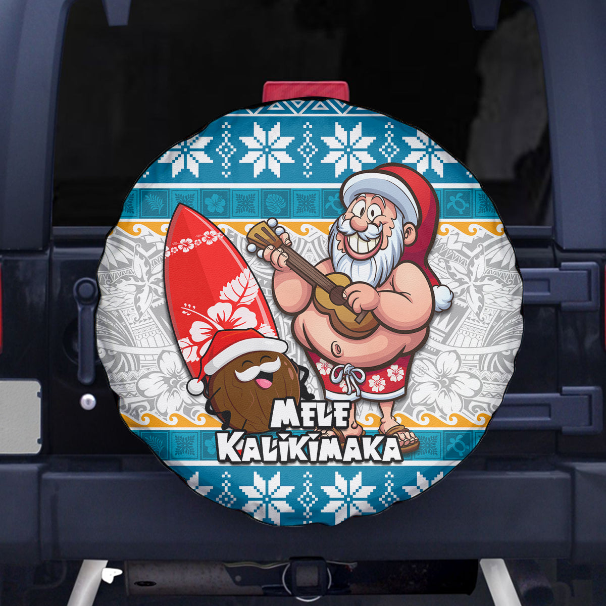 Hawaii Mele Kalikimaka Spare Tire Cover Funny Santa and Coconut Mix Kakau Pattern LT03 Blue - Polynesian Pride