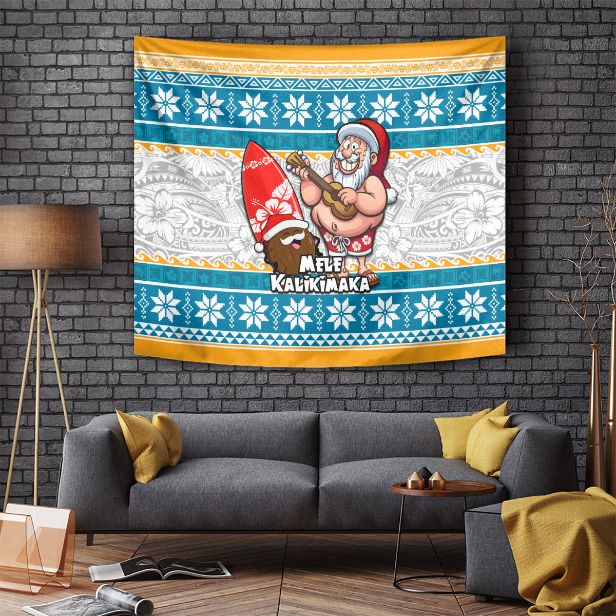 Hawaii Mele Kalikimaka Tapestry Funny Santa and Coconut Mix Kakau Pattern LT03 Blue - Polynesian Pride