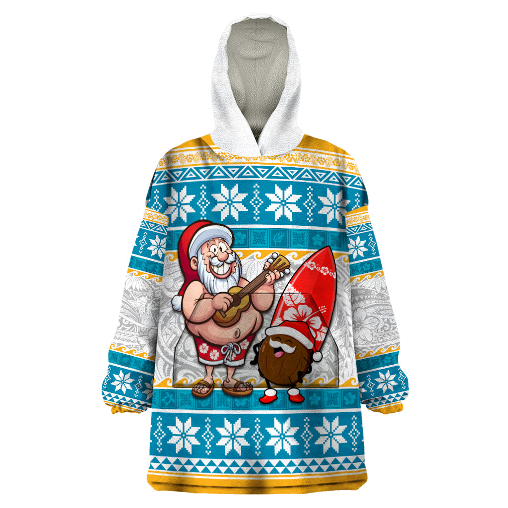 Hawaii Mele Kalikimaka Wearable Blanket Hoodie Funny Santa and Coconut Mix Kakau Pattern LT03 One Size Blue - Polynesian Pride