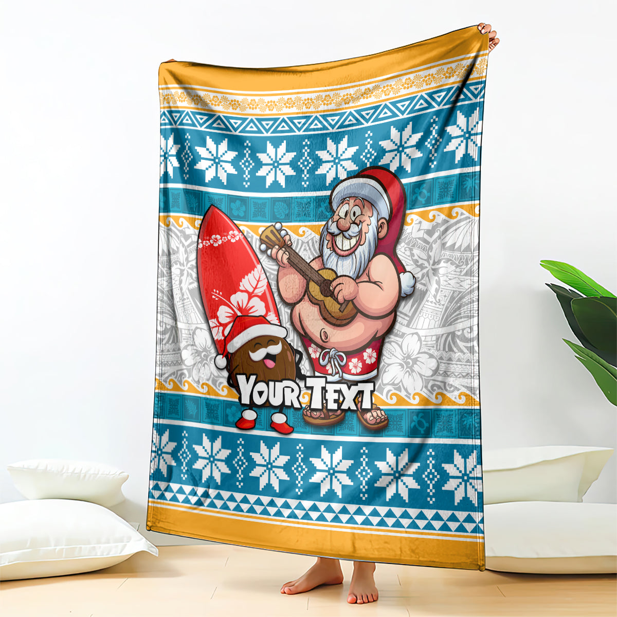 Custom Hawaii Mele Kalikimaka Blanket Funny Santa and Coconut Mix Kakau Pattern LT03 Blue - Polynesian Pride