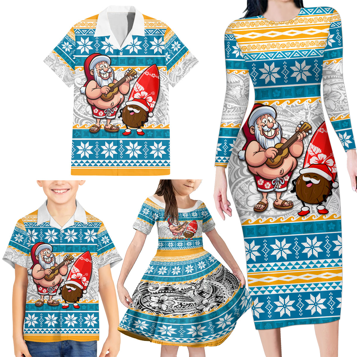 Custom Hawaii Mele Kalikimaka Family Matching Long Sleeve Bodycon Dress and Hawaiian Shirt Funny Santa and Coconut Mix Kakau Pattern LT03 - Polynesian Pride