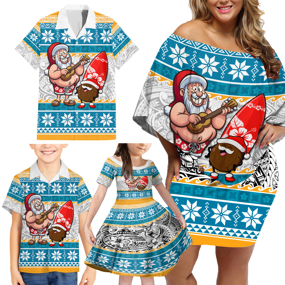 Custom Hawaii Mele Kalikimaka Family Matching Off Shoulder Short Dress and Hawaiian Shirt Funny Santa and Coconut Mix Kakau Pattern LT03 - Polynesian Pride