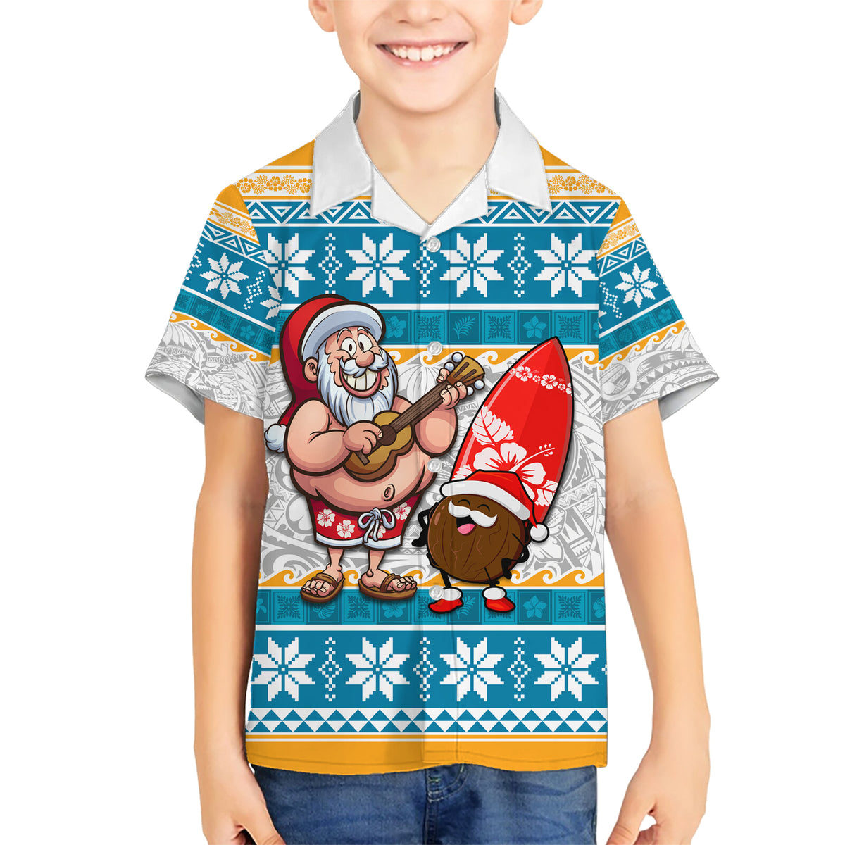 Custom Hawaii Mele Kalikimaka Family Matching Short Sleeve Bodycon Dress and Hawaiian Shirt Funny Santa and Coconut Mix Kakau Pattern LT03 Son's Shirt Blue - Polynesian Pride