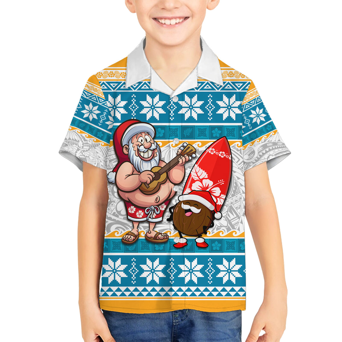 Custom Hawaii Mele Kalikimaka Family Matching Tank Maxi Dress and Hawaiian Shirt Funny Santa and Coconut Mix Kakau Pattern LT03 Son's Shirt Blue - Polynesian Pride