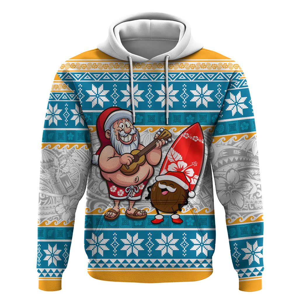 Custom Hawaii Mele Kalikimaka Hoodie Funny Santa and Coconut Mix Kakau Pattern LT03 Pullover Hoodie Blue - Polynesian Pride