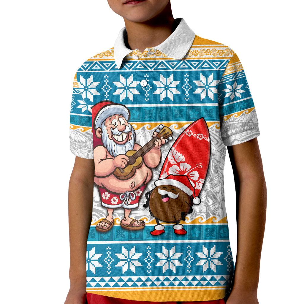 Custom Hawaii Mele Kalikimaka Kid Polo Shirt Funny Santa and Coconut Mix Kakau Pattern LT03 Kid Blue - Polynesian Pride